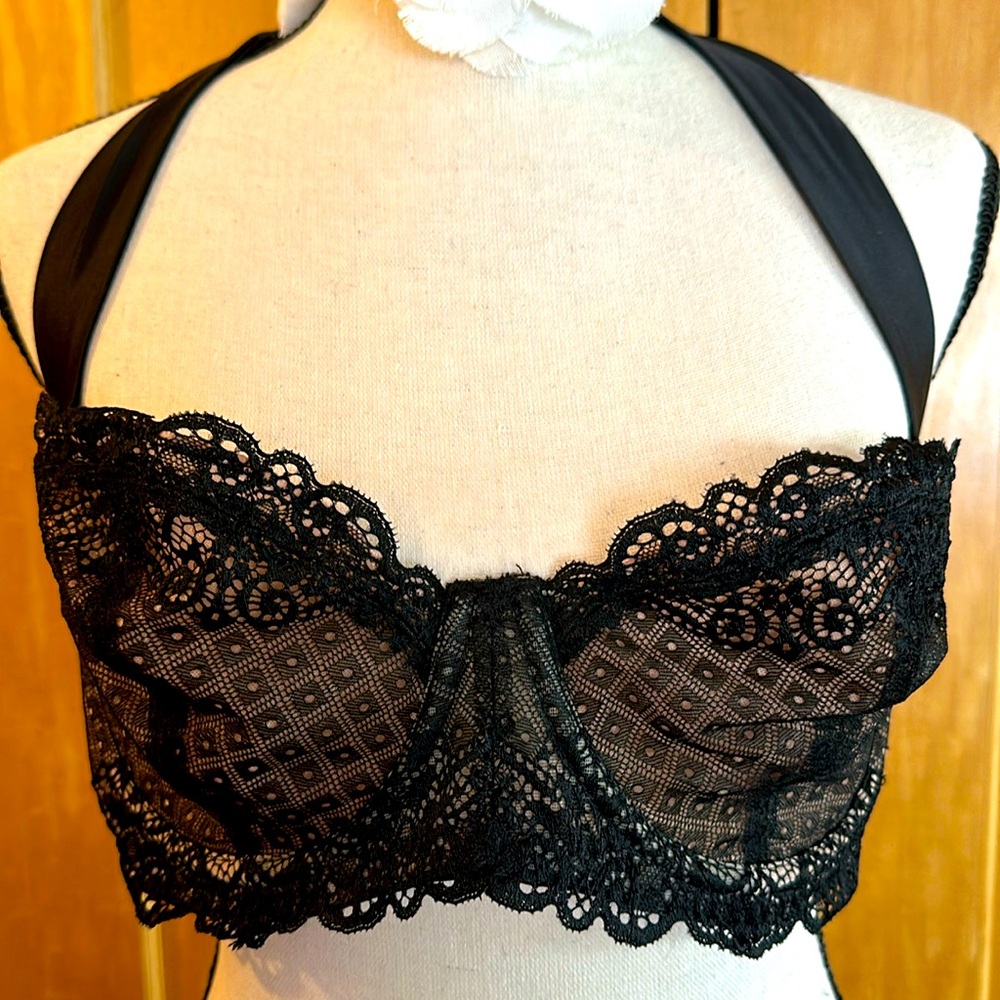 💋 NWT Adore Me pin up halter satin ribbon bow unlined lace black bra 38D